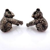 18K Yellow Gold Hand-Made Panda Earrings Detailed With Brilliant Diamonds and Gold On Silver