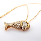 18K Fish Necklace Detailed With Fancy Cut A Slightly Flawed Triangle Diamond , Brilliant Diamonds