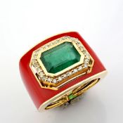A Luxurious Gold Ring Featuring Red Laser Enamel, Elegantly Adorned With Vibrant Emerald and Bril...