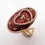 An Exquisite 18K Yellow Gold Ring Detailed With Red Enamel , Grains of Gold Dust and Brilliant Di...