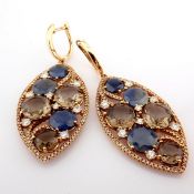 18K Rose Gold Earrings Detailed With Sapphire, Topaz and Brilliant Diamonds