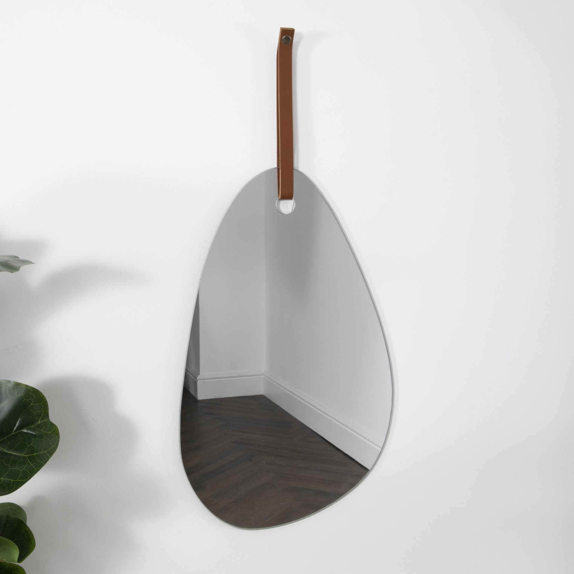Pebble Shaped Mirror with Brown Leather Hanging Strap RRP - £90