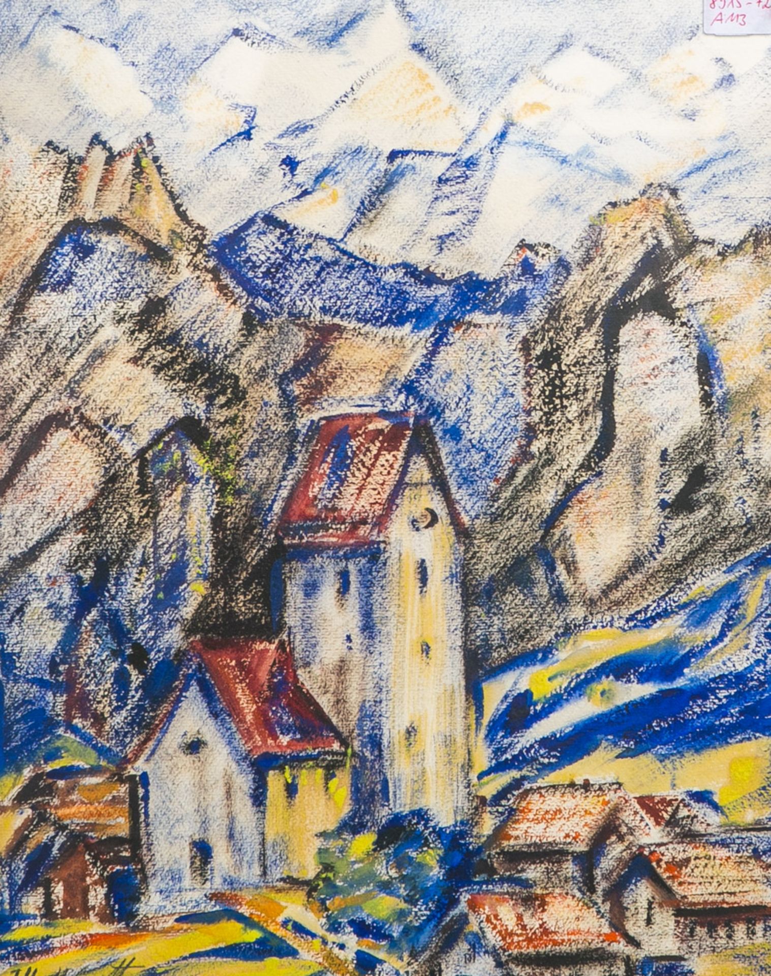 Unleserlich signiert, Kirchturm vor alpiner Kulisse - Bild 2 aus 3