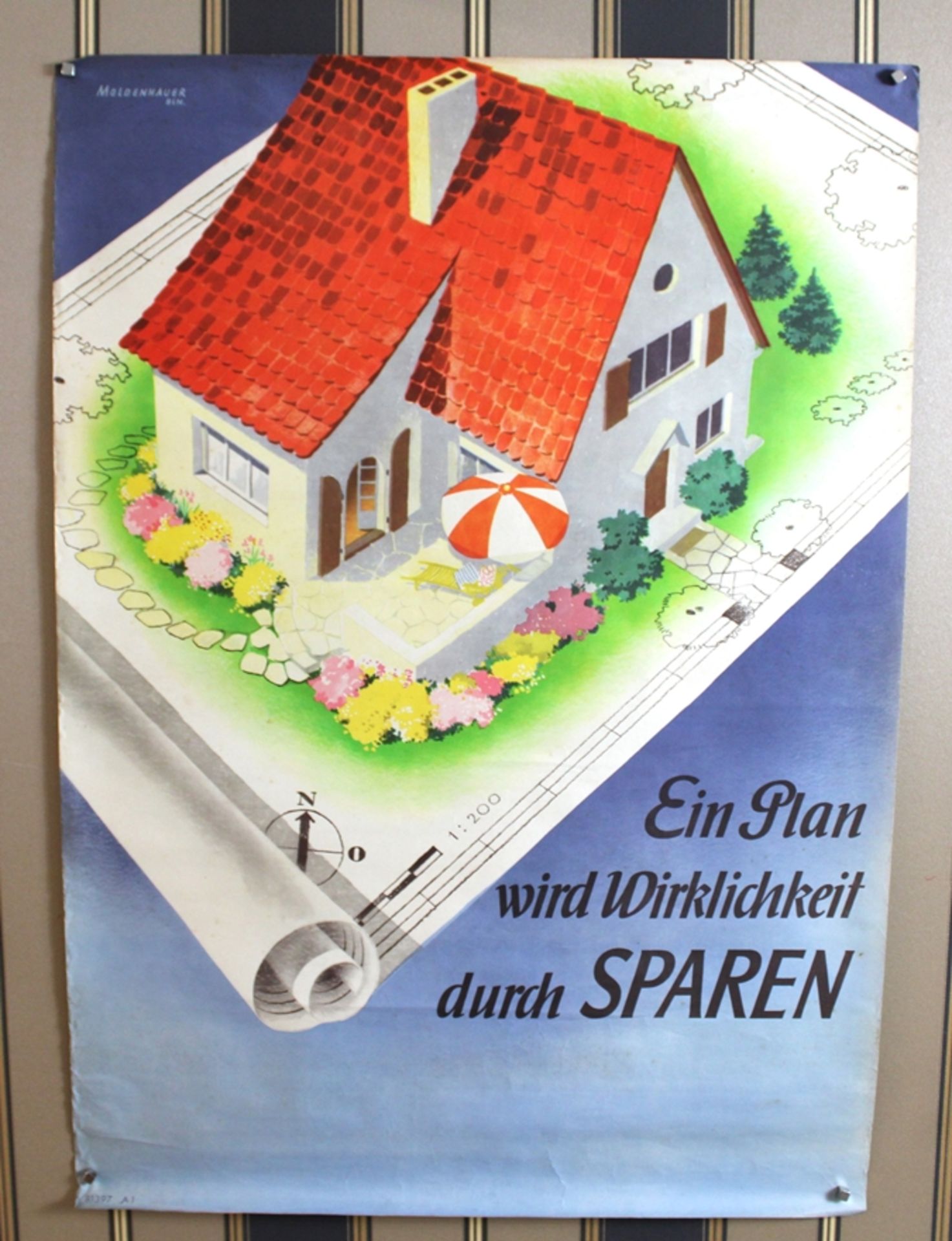 Plakat "Ein Plan wird Wirklichkeit durch SPAREN" Mitte 20 Jh., ca. 83 x 59 cm, kl. Beschädigungen a