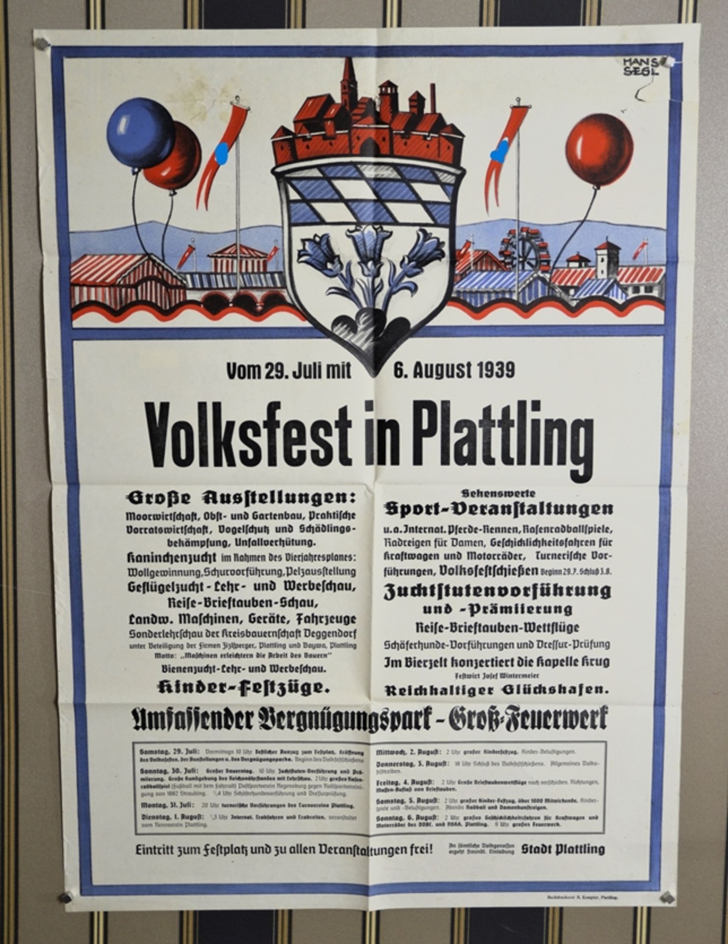Plakat Volksfest in Plattling 1939 (selten!), Entwurf Hans Segl, Buchdruckerei H. Kempter Plattling