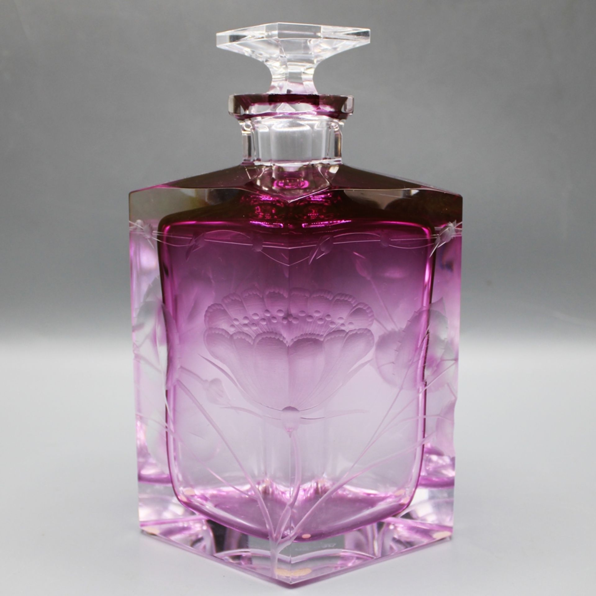 Moser Karaffe pink weiß Mohnblume Glaskunst ca. 18,5 cm
