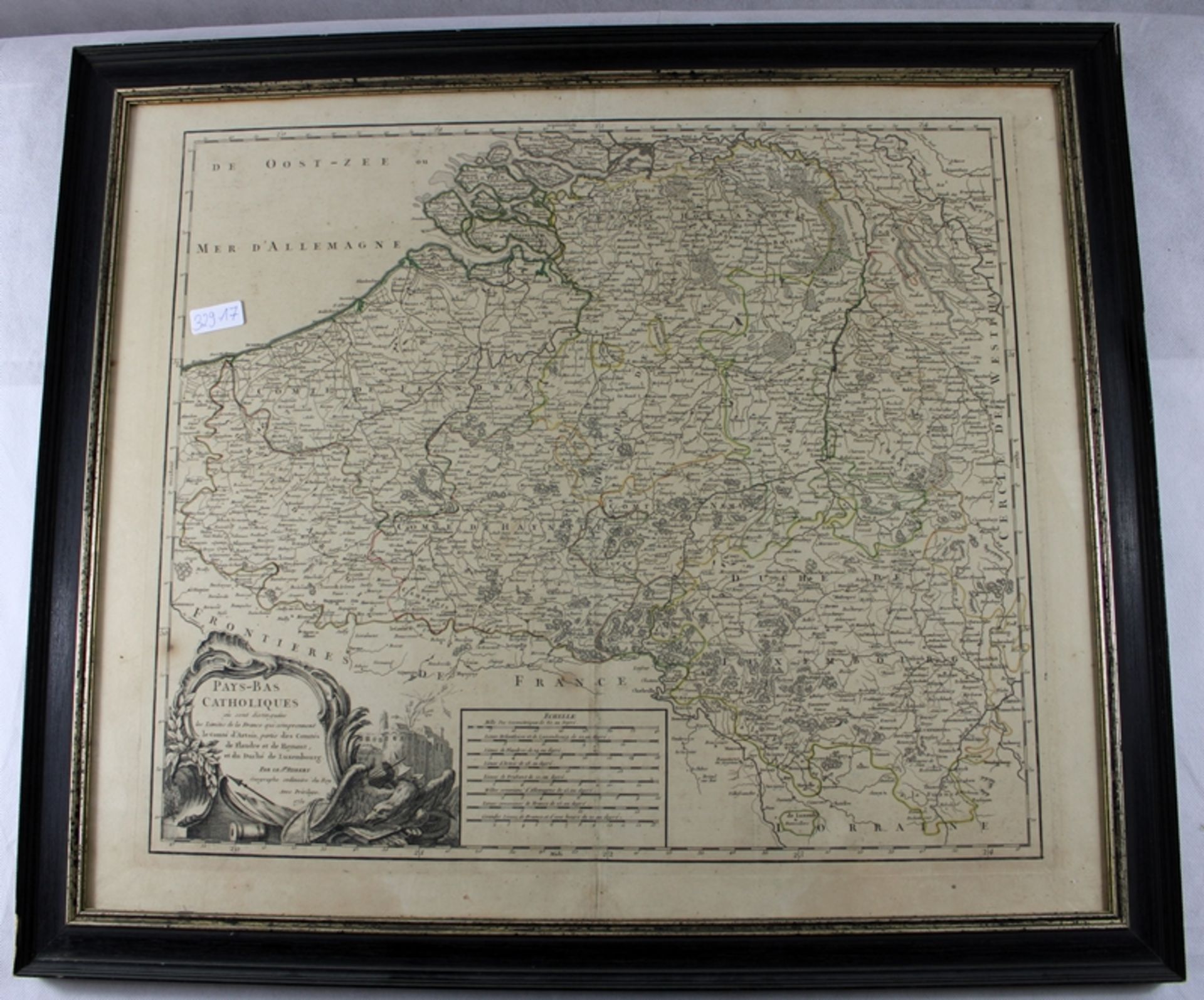 Landkarte kol. Kupferstich "Pays-Bas Catholiques" Robert de Vaugondy 1751, verglast, ca. 71,5 x 62