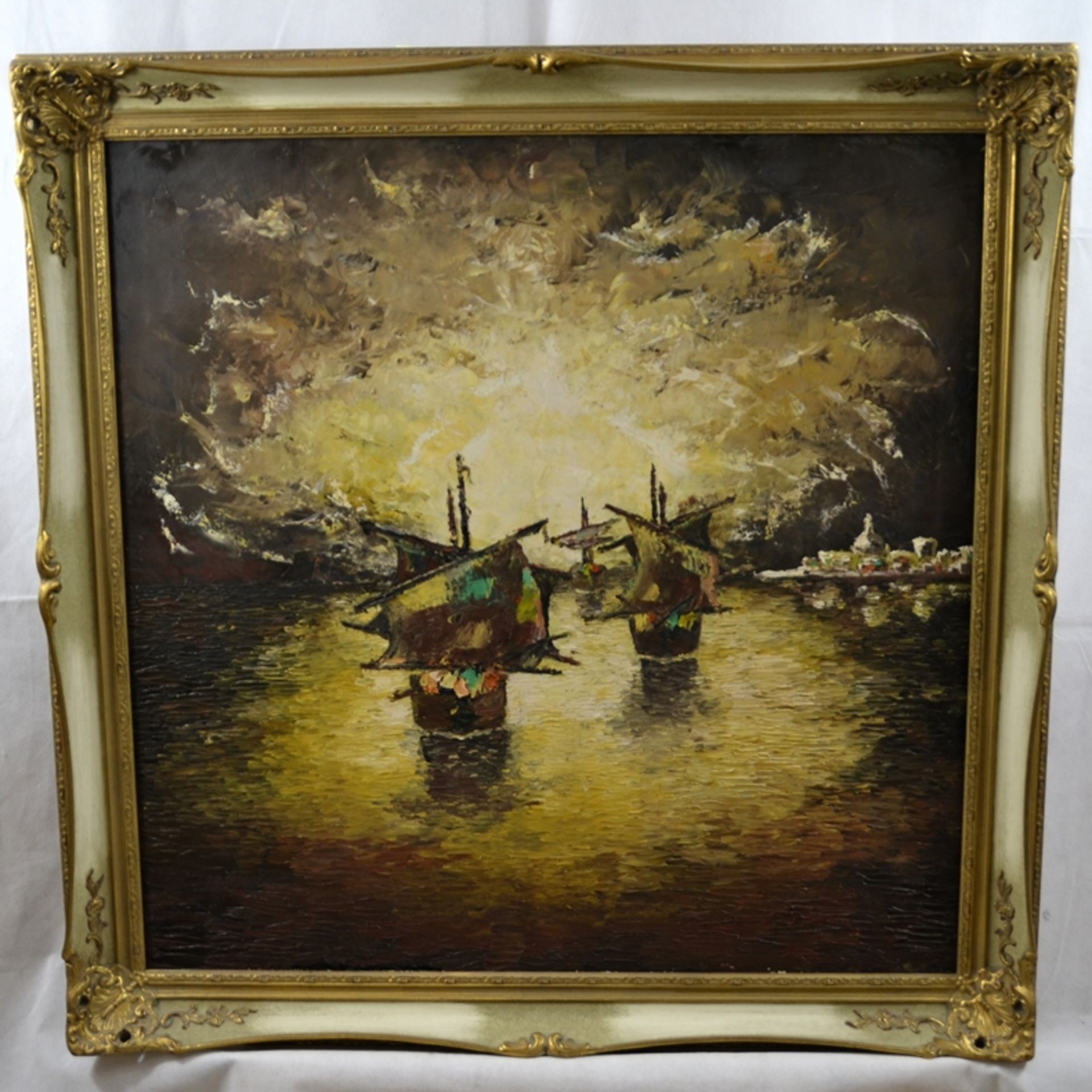 Segelschiffe in Abenddämmerung Gemälde, Öl auf Leinwand, ca. 94 x 94 cm (mit Rahmen)