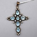 Blautopas Perlen Silber Kreuz Anhänger, facettierte Edelsteine, ca. 7,5 x 5,2 cm, 21,6 g