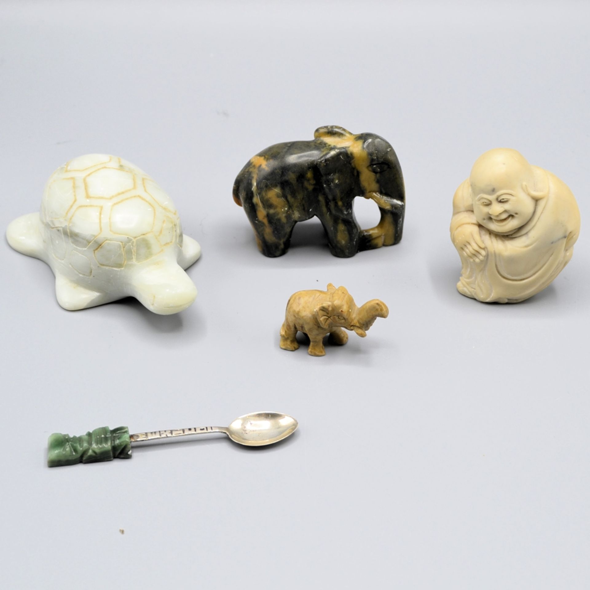 Buddha Schildkröte Elefanten Silberlöffel Steinfiguren Konvolut 5-teilig