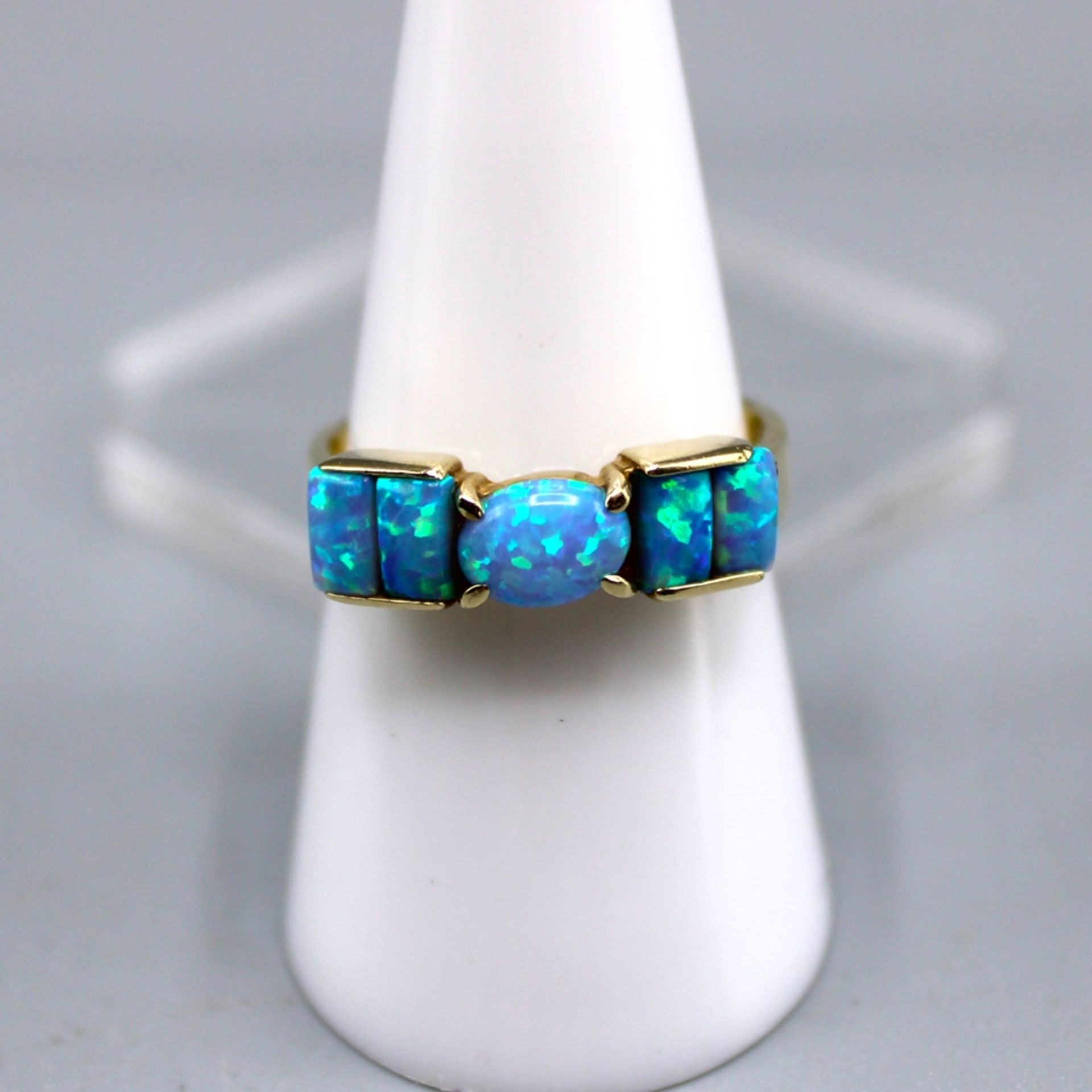 Opal Schmuckset Armband Ring Ohrstecker 585 Gold, Ring mit 5 Opalen Ø ca. 18 mm 3,8 g, Armband mit  - Bild 3 aus 5