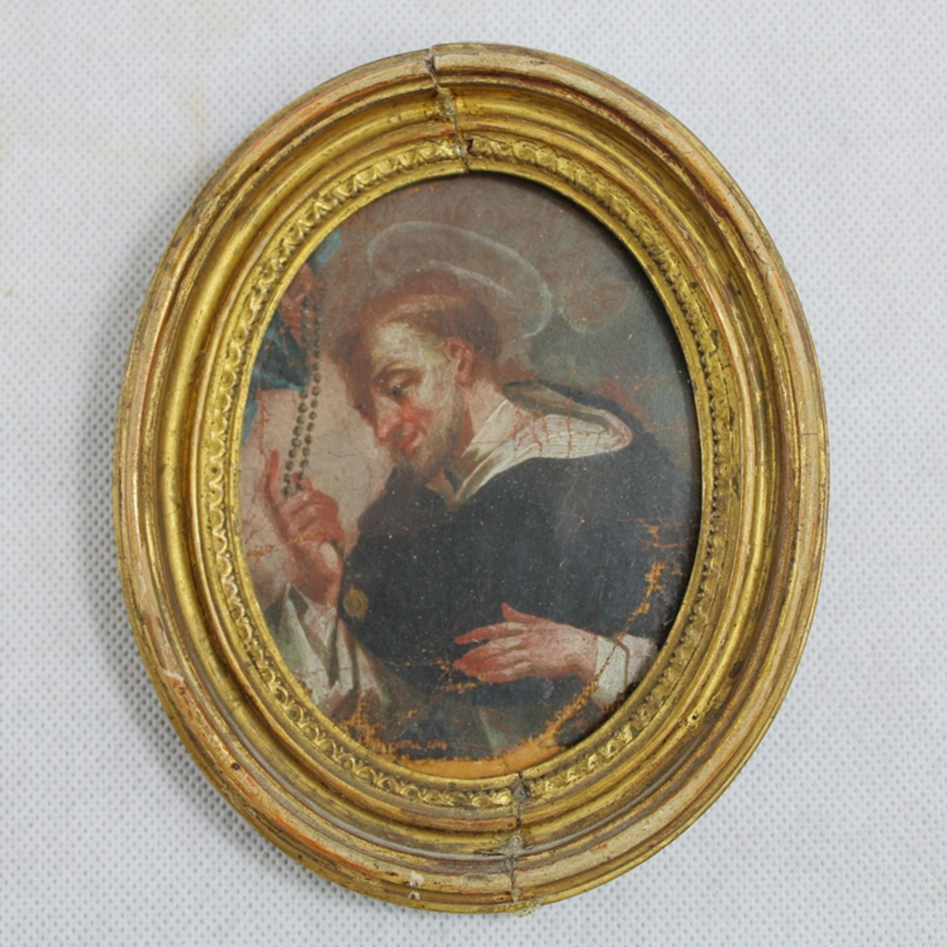 Heiligen Miniatur in ovalen Rahmen wohl 18 Jh., Rahmen beschädigt, ca. 13 cm