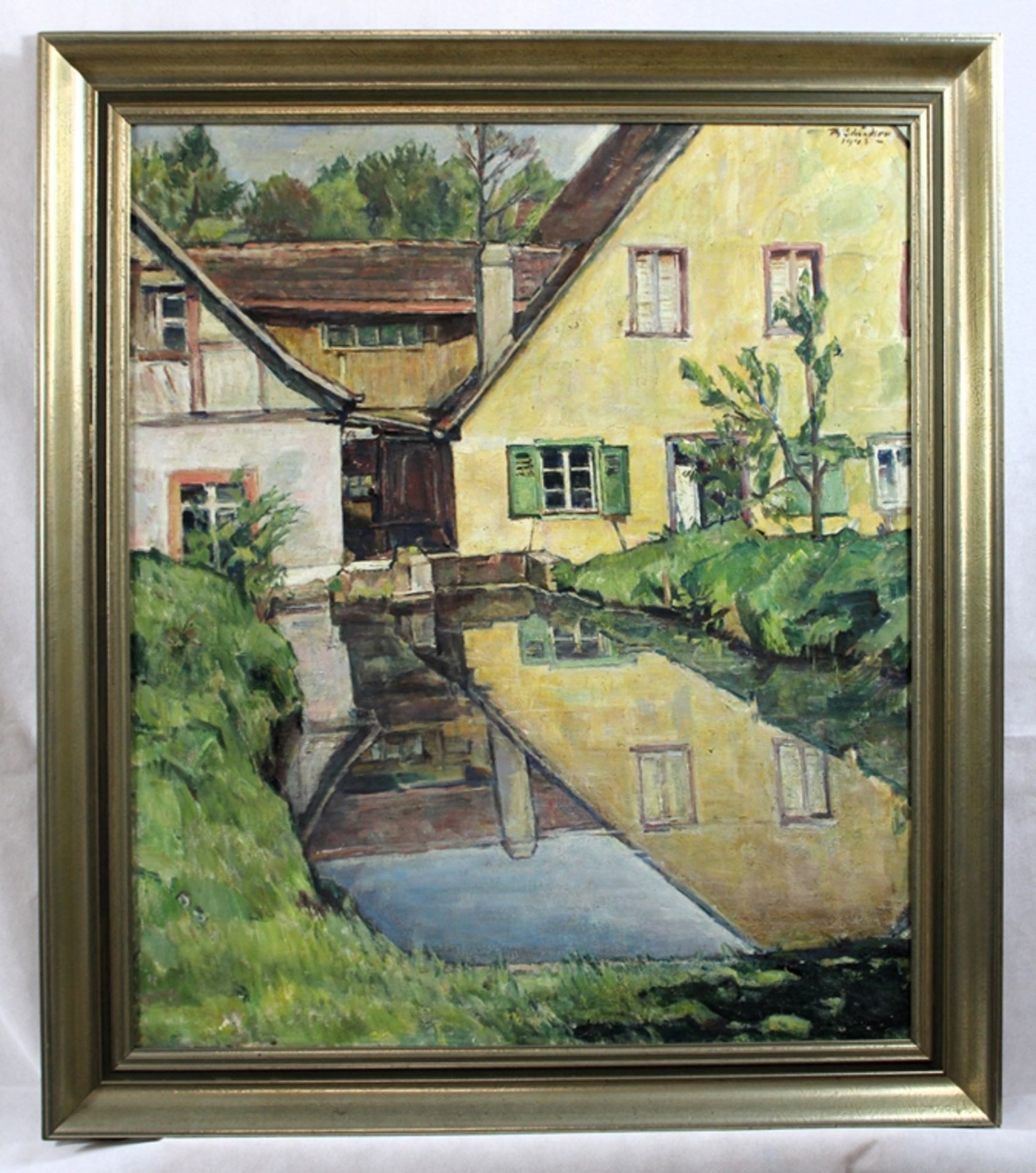 Theodor Schindler (1870 Malsch - 1950 Malsch) "Mühlenschleuse" 1943, Öl auf Leinwand, r. o. signier