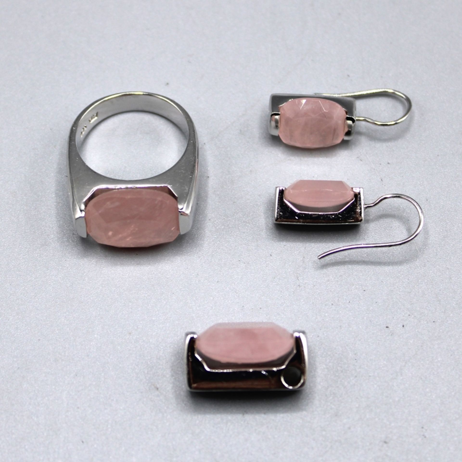 Silberschmuckset 925 Ring Anhänger Ohrringe m. rosa Stein, Ring Ø ca. 19 mm, Steine v. Ring u. Anhä - Bild 2 aus 2