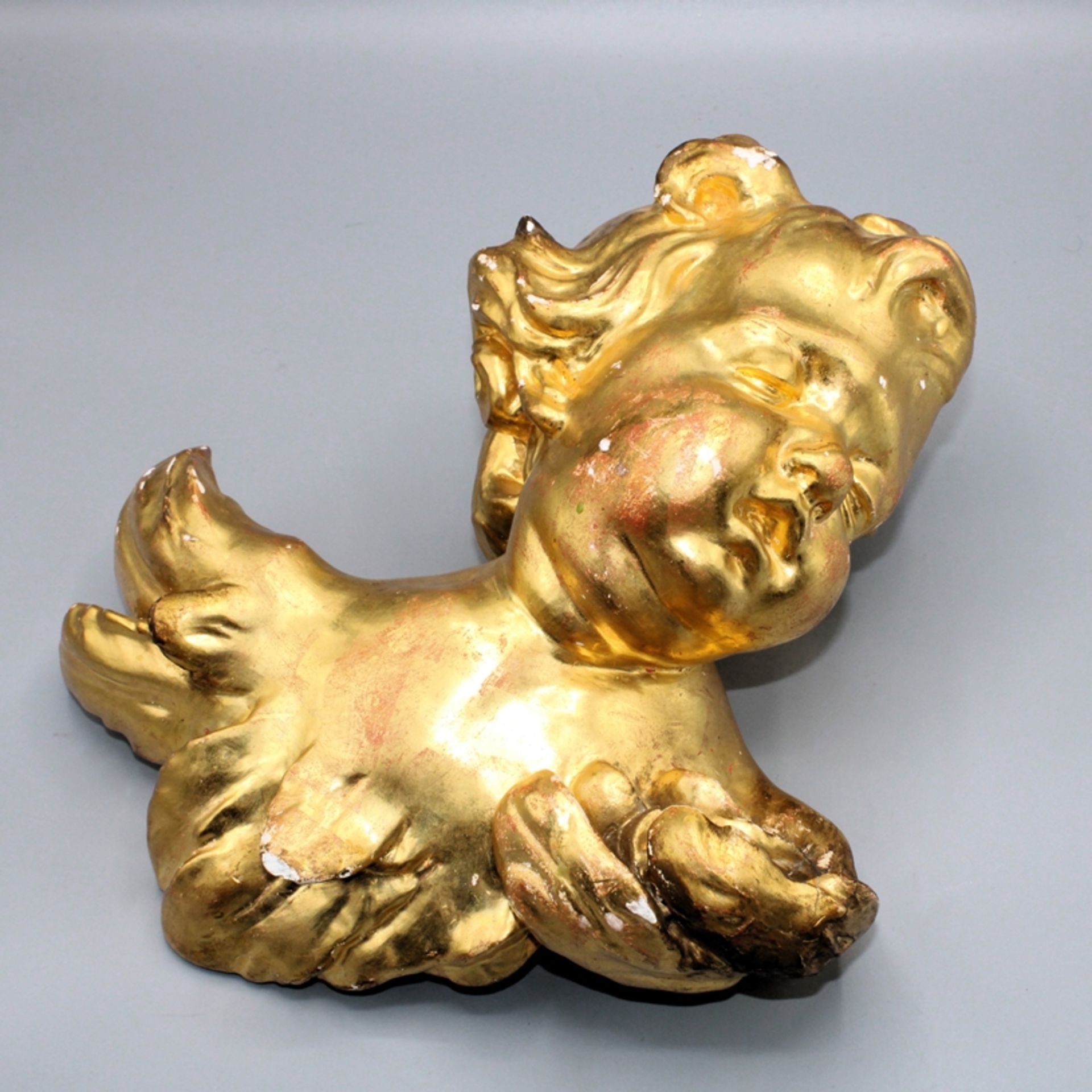 Putti Kopf Stuck Ignaz Günther Abguss echte Blattvergoldung ca. 28 cm, kl. Bestossungen