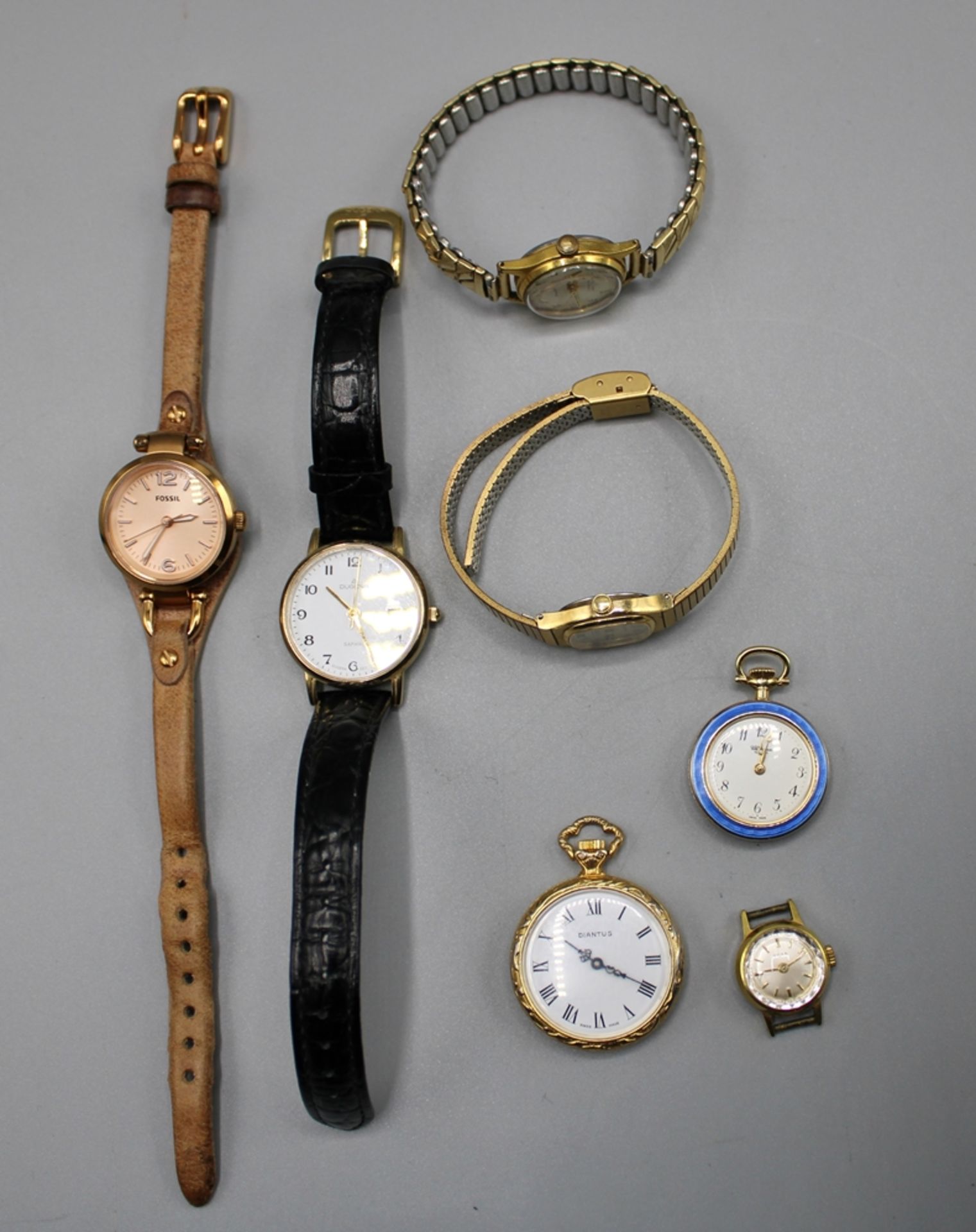 Damen Uhren Taschenuhren Konvolut 7 St., darunter Uhlmann Geneve Taschenuhr guillochiert, Fossil Ar