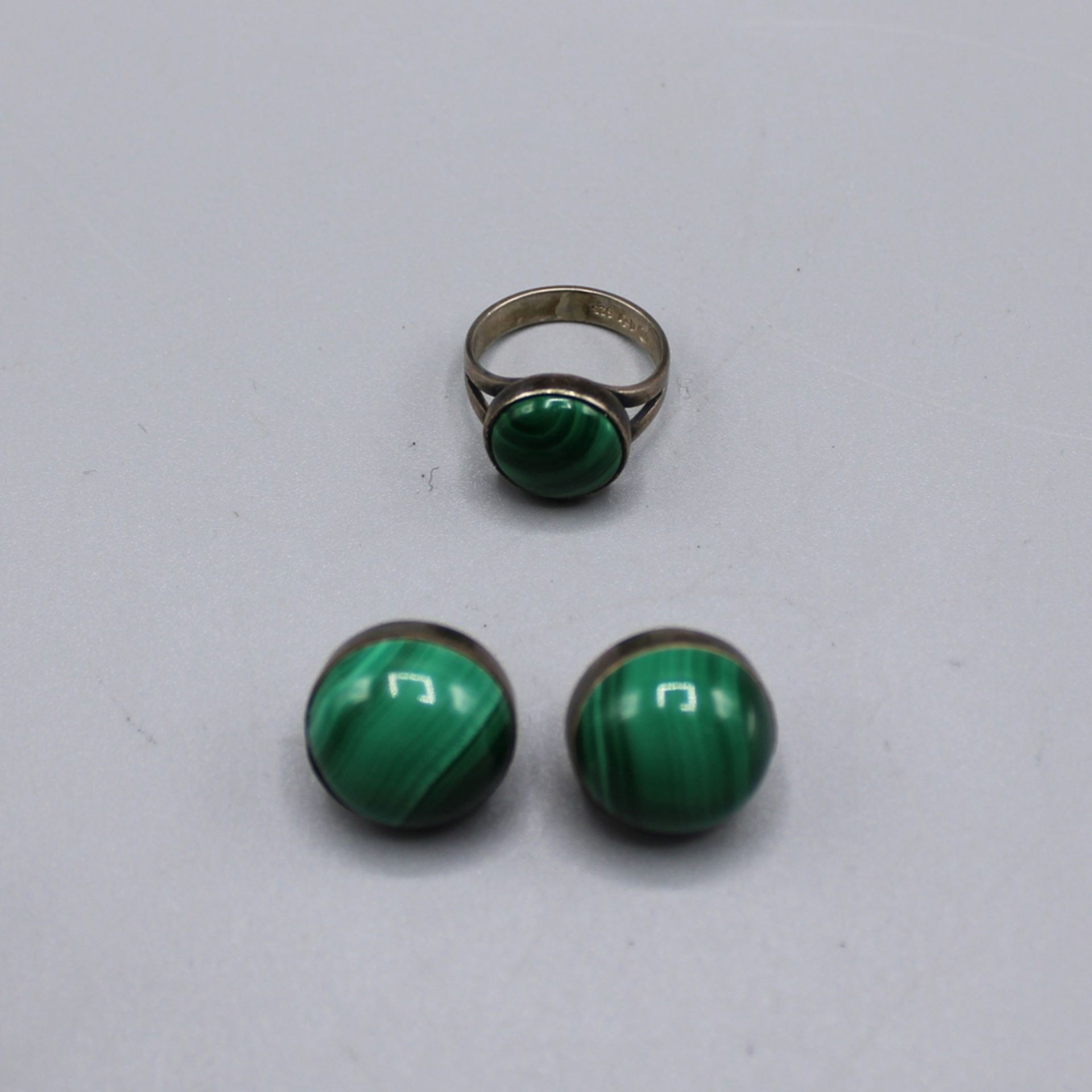 Malachit Schmuckset Silber, Ring Ø ca. 16,5 mm, Ohrstecker, zus. 17,5 g