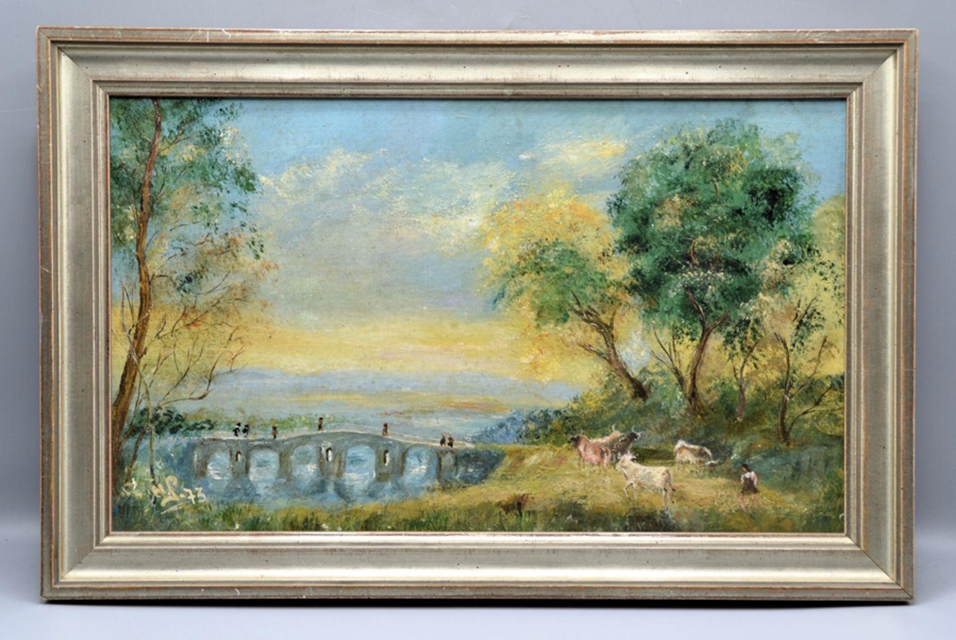 Gemälde Brücke Kühe 20 Jh., Öl auf Leinwand, links u. signiert u. datiert, ca. 46 x 30 cm (mit Rahm