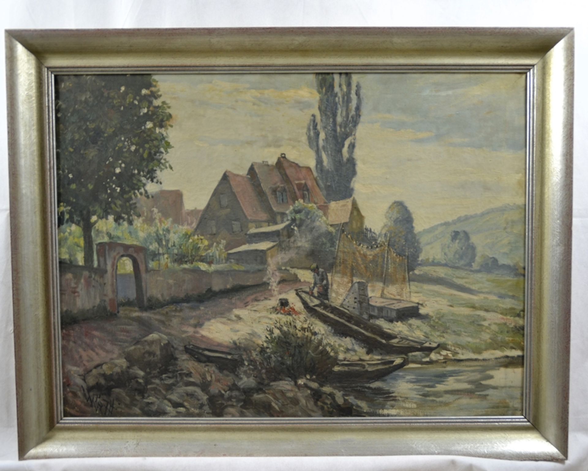 Gemälde "Fischerboote" Öl auf Leinwand, signiert "WIRTH", ca. 92 x 72 cm (mit Rahmen), leichte Druc