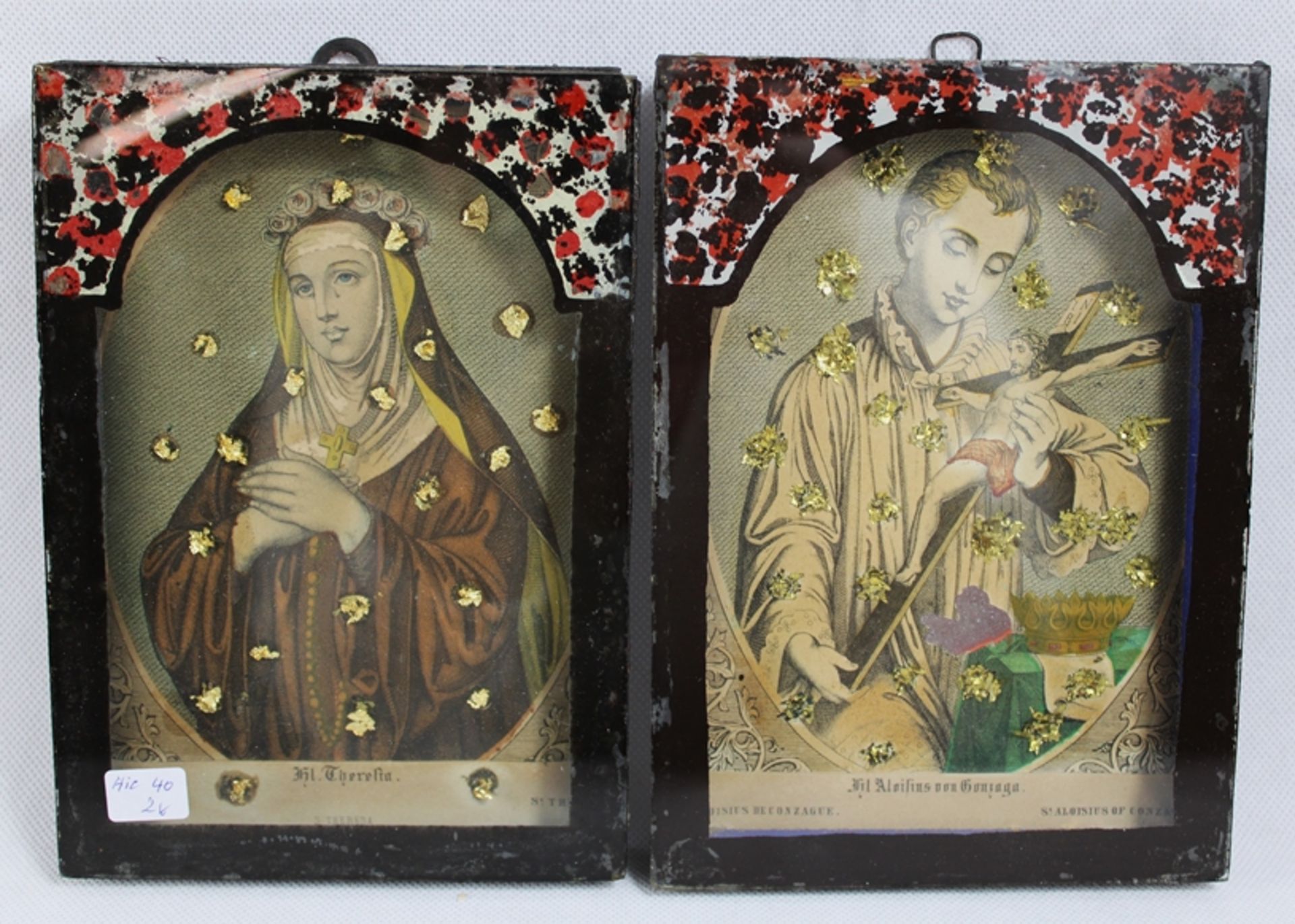 Paar Andachtsbilder colorierte Lithos 19 Jh., appliziert, unter bem. Glas gerahmt, St. Theresia u.