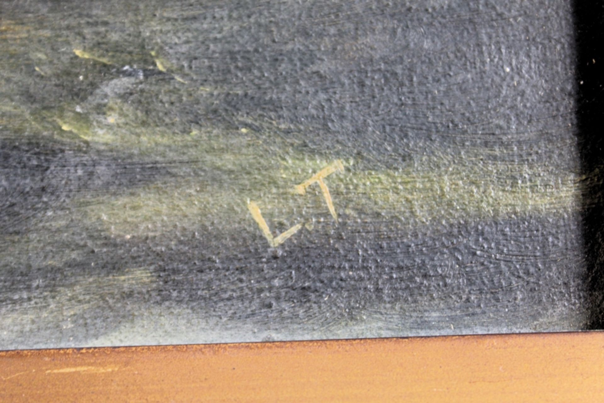 Gemälde "Auf rauher See" um 1900, rechts unten signiert "LT", Öl auf Leinwand, Rahmen tlw. beschädi - Bild 2 aus 2