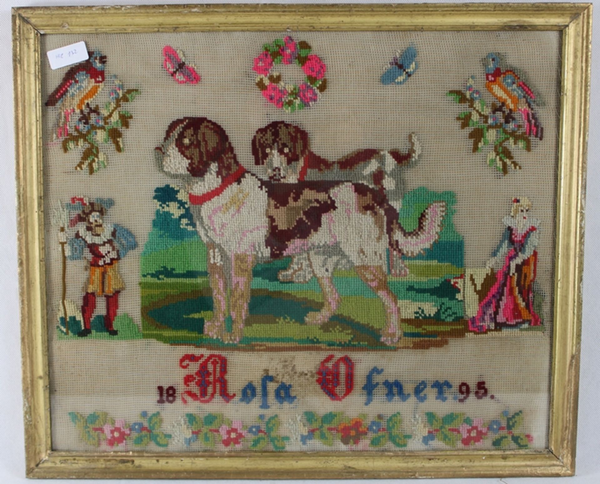 Stickbild m. Hunden Rosa Osner 1895, bestickt m. Hunde Vögel etc., gerahmt m. Waschgoldrahmen, ca. 