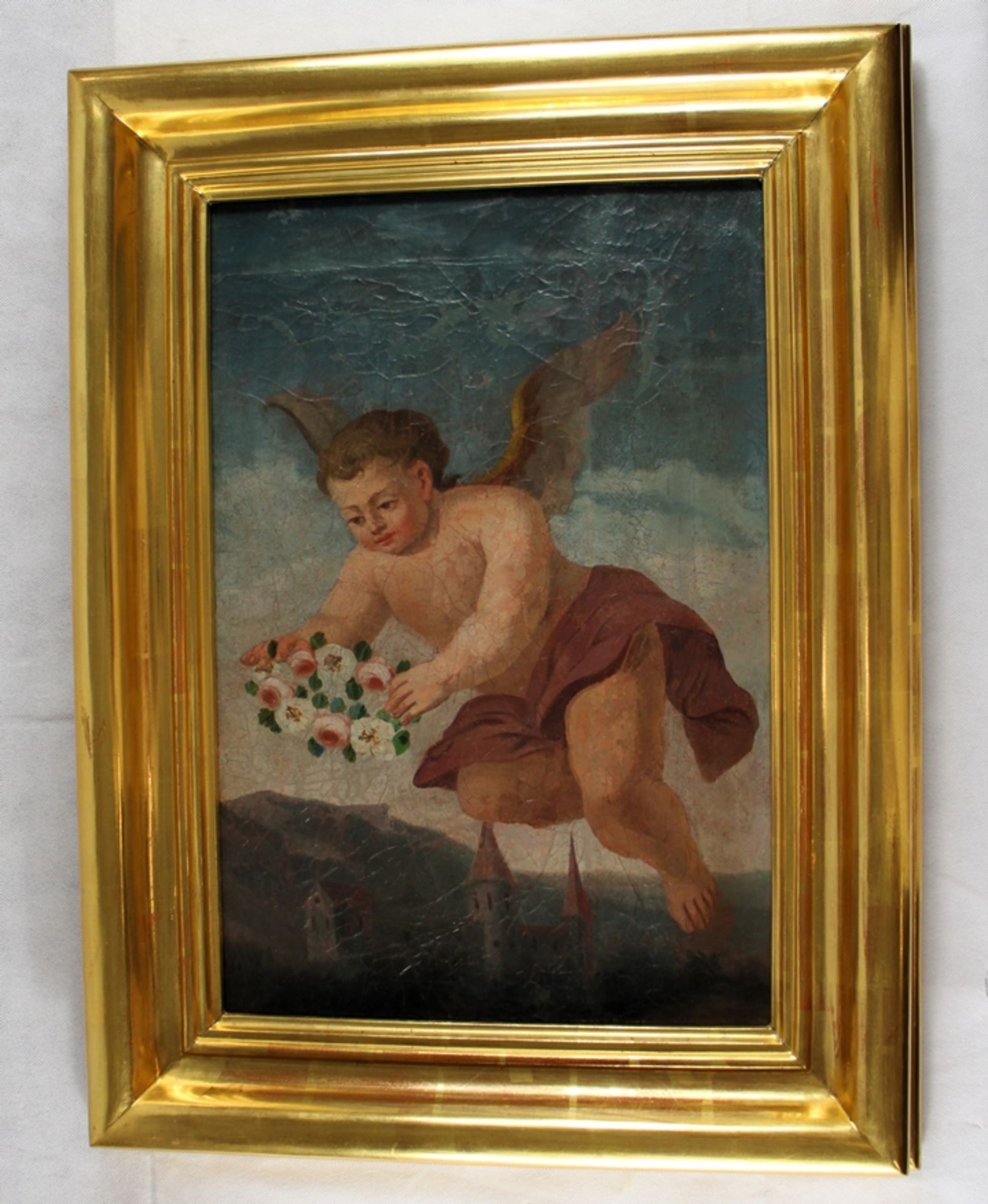 Putto m. Ansicht wohl Kloster Prüfening Gemälde 18 Jh., doubliert, Krakelee, toller Blattgold Rahme