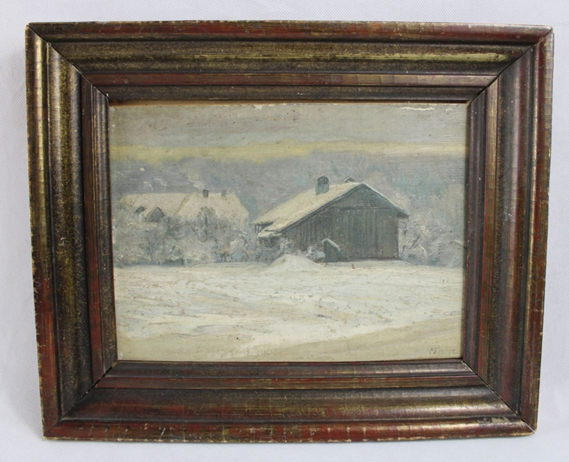 Gemälde Winterlandschaft m. Gehöft um 1900, Öl a. Lwd., re. u. signiert, ca. 35 x 29 cm (mit Rahmen