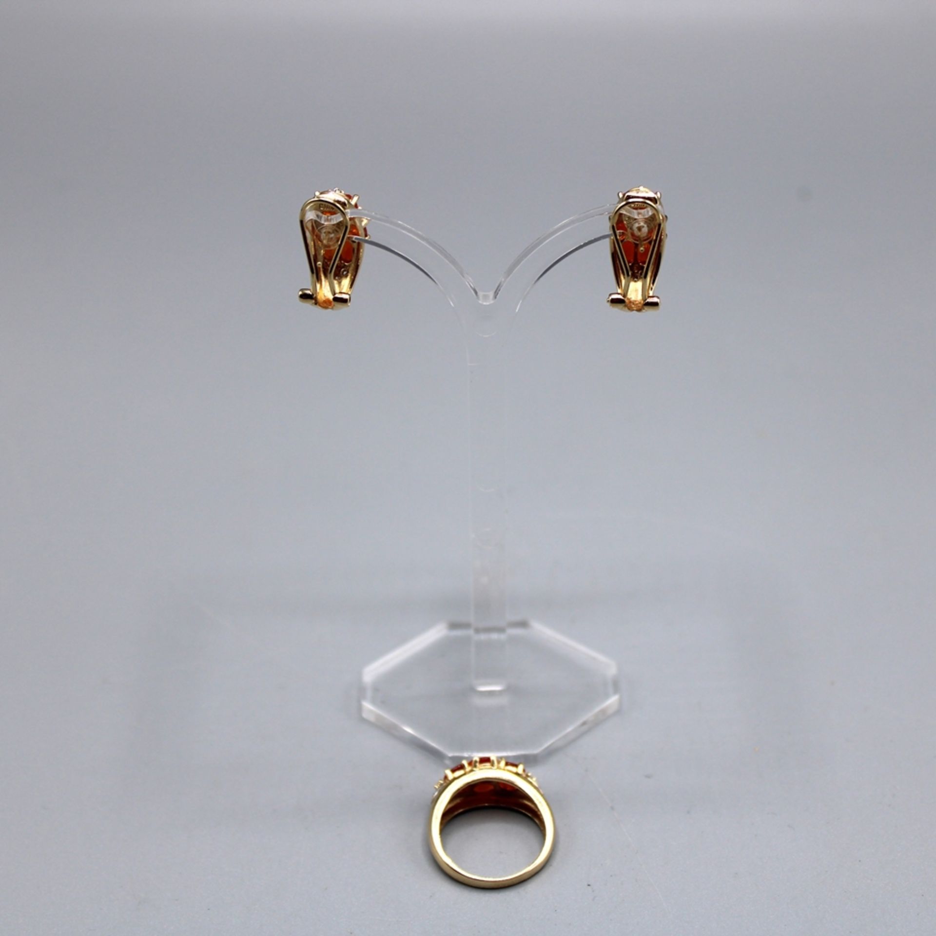 Schmuckset orangene Glassteine u. kl. Diamanten Ring Ohrstecker 585 Gold, Ring Ø ca. 17,5 mm 4 g, O - Image 3 of 3
