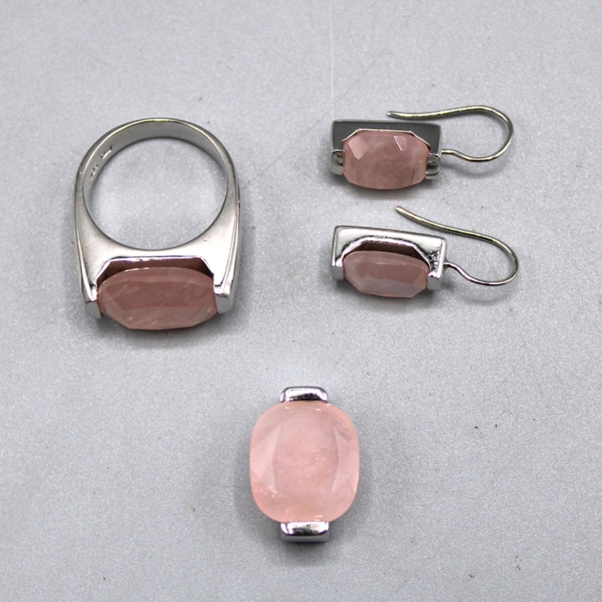 Silberschmuckset 925 Ring Anhänger Ohrringe m. rosa Stein, Ring Ø ca. 19 mm, Steine v. Ring u. Anhä