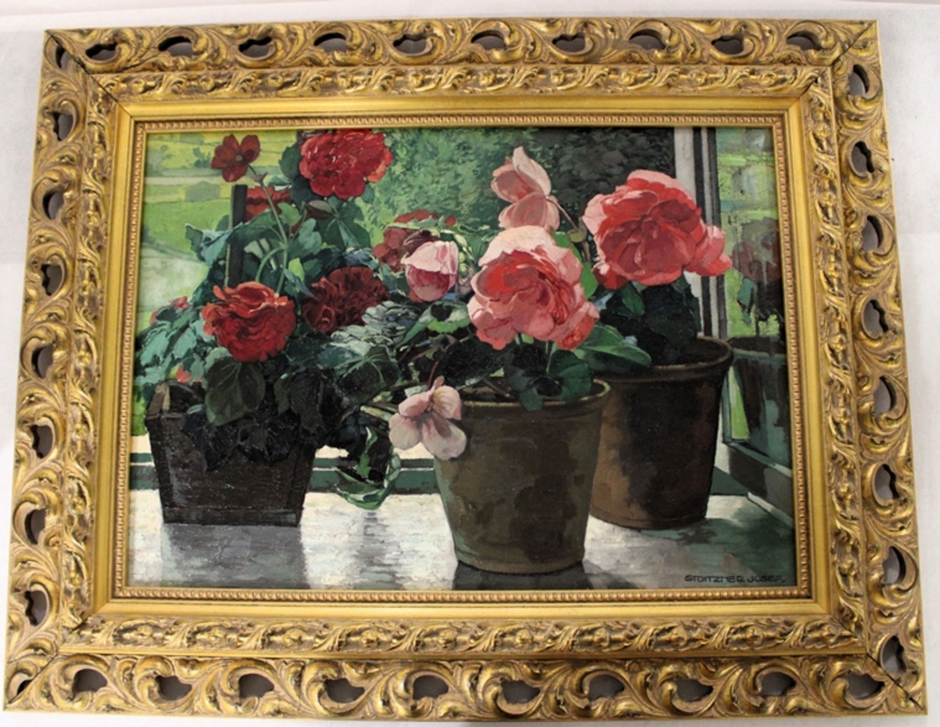 Josef Stoitzner (1884 Wien - 1951 Bramberg) "Blumen Stillleben am Fenster", Öl auf Leinwand, r. u. 