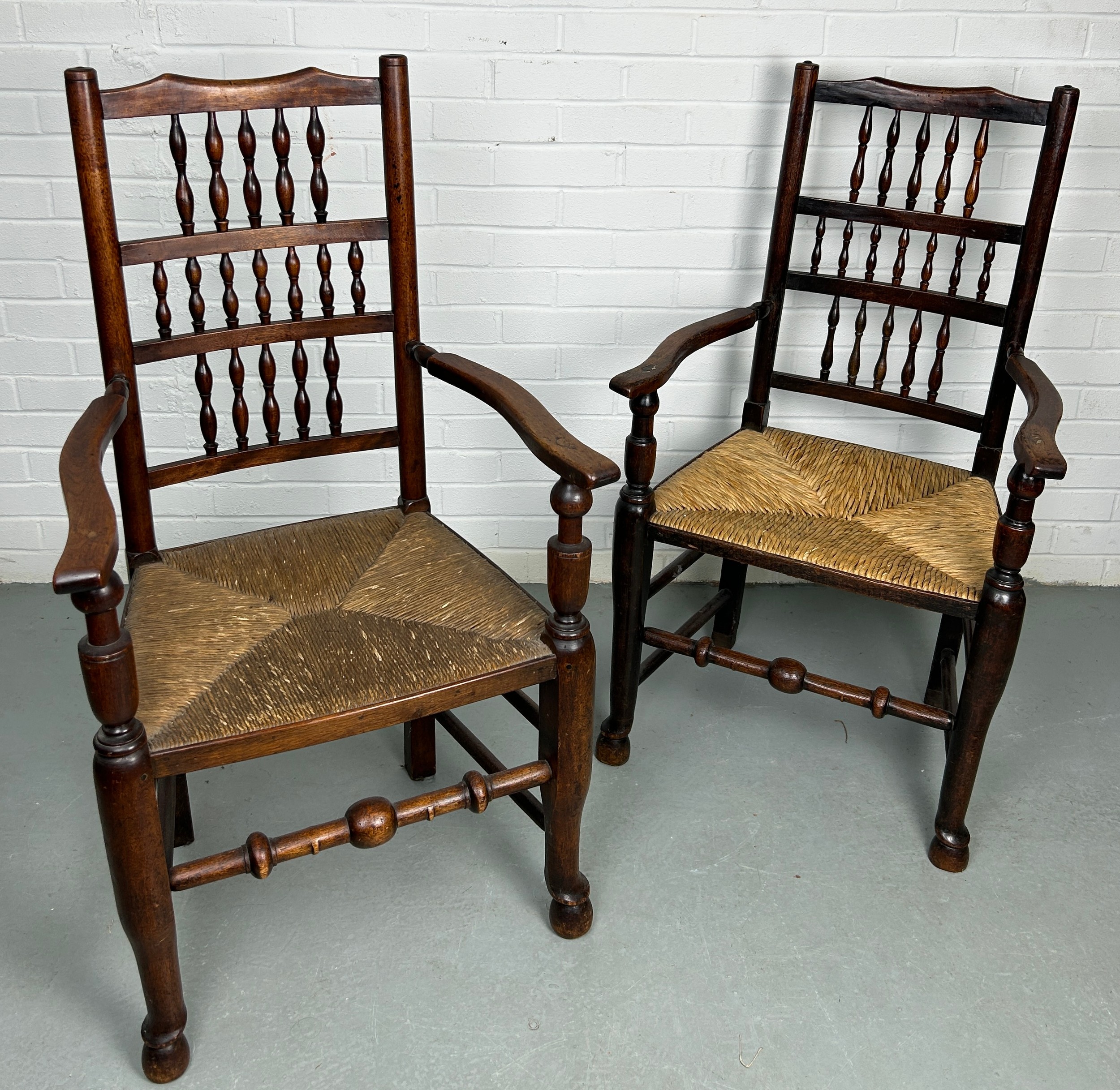 A SET OF EIGHT COUNTRY HOUSE BOBBIN SPINDLE BACK CHAIRS WITH RUSH SEATS PROBABLY NORTH COUNTRY, Late - Image 6 of 8