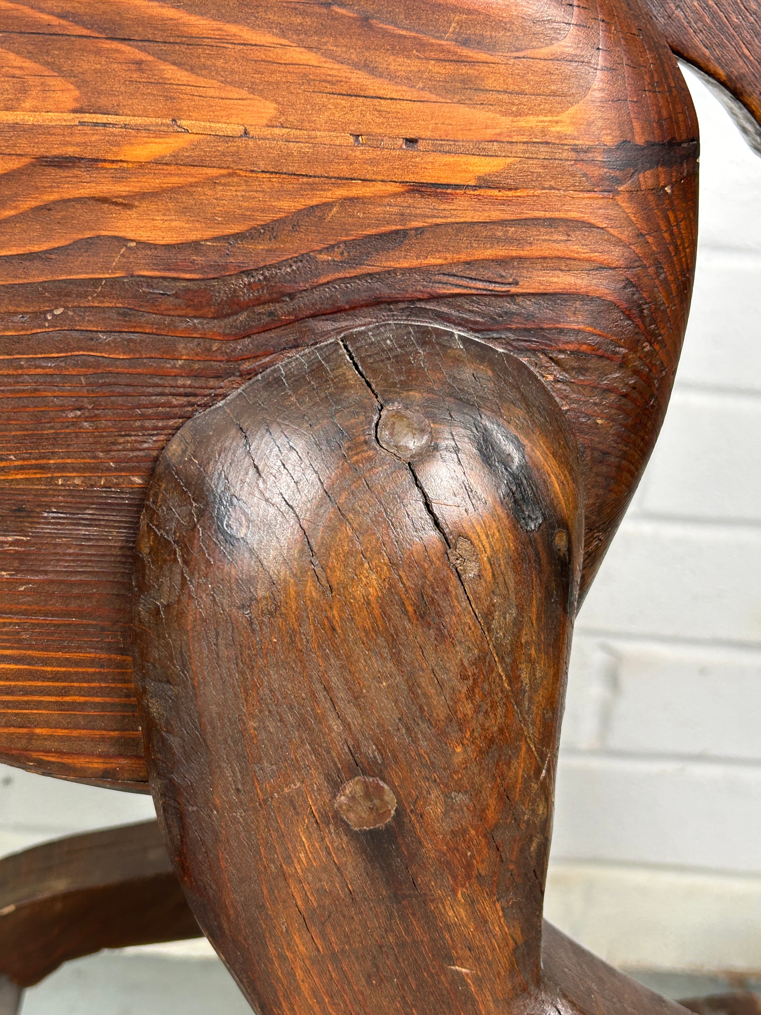A 19TH CENTURY ROCKING HORSE FROM NUREMBERG IN GERMANY, Primitively carved, the horse having bent - Image 5 of 9