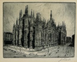 AN ETCHING ON PAPER OF A LARGE CATHEDRAL, Signed indistinctly and monogramed 'CB'. 20cm x 16cm.
