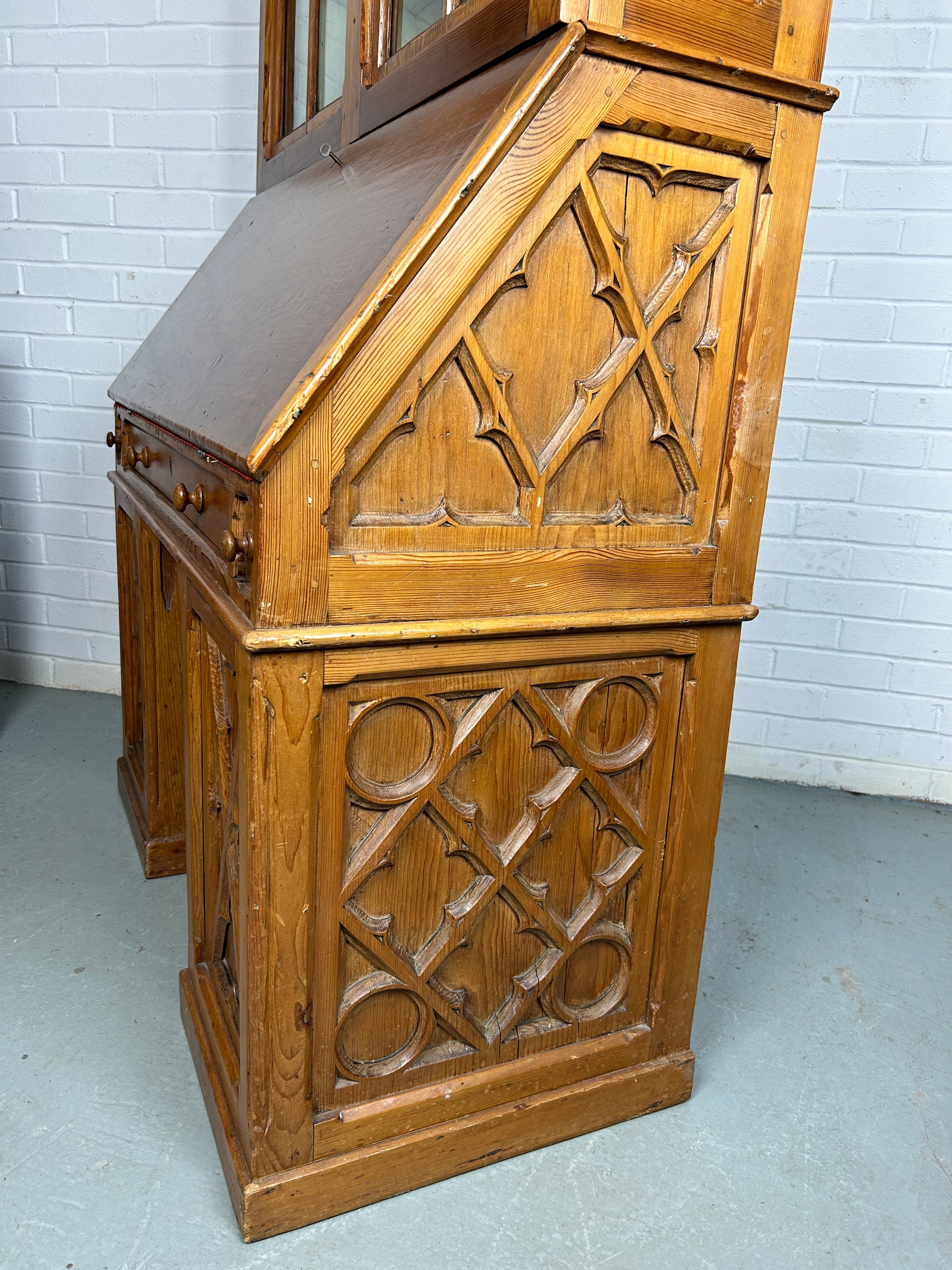 A CONTINENTAL PINE 19TH CENTURY GOTHIC DESIGN BUREAU BOOKCASE OR SECRETAIRE, 215cm H x 105cm W x - Image 11 of 17