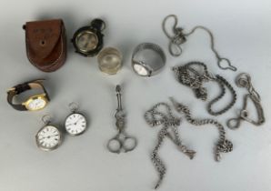 A COLLECTION OF SILVER POCKET WATCHES, CHAINS, OTHER ITEMS Total weight: 363gms Along with two wrist