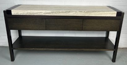 A CUSTOM MADE CONSOLE TABLE WITH TRAVERTINE OR MARBLE INSERTED TOP, 169cm x 84cm x 40cm