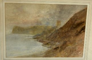 A WATERCOLOUR PAINTING OF CLIFFS BY THE SEA BY AN UNKNOWN ARTIST, accompanied by four unrelated