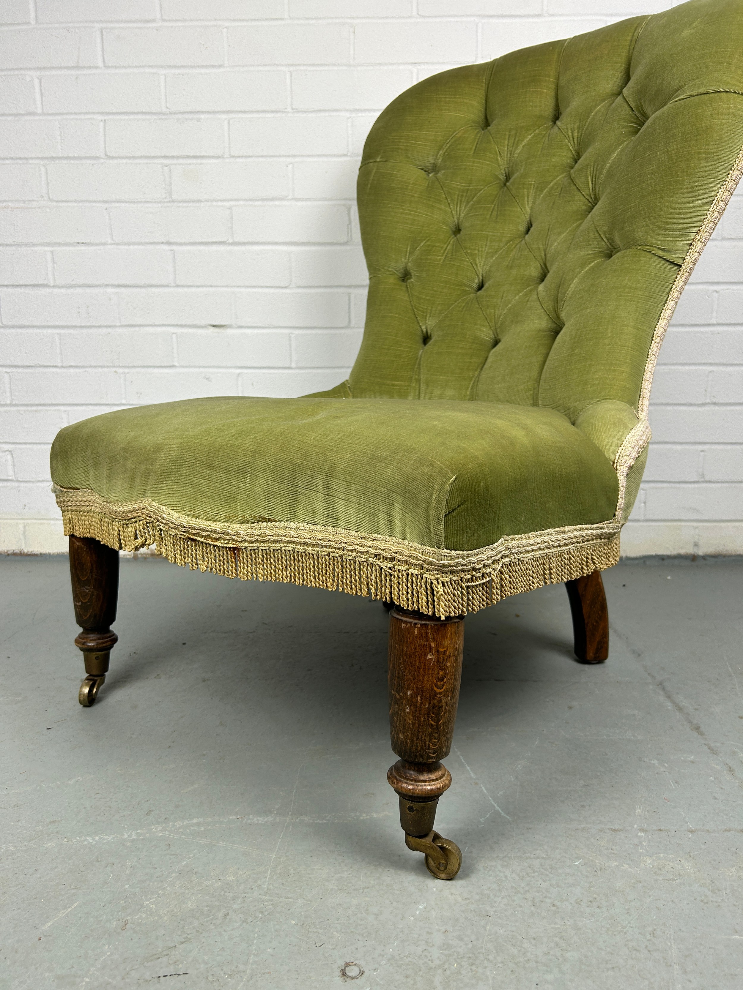 A GREEN EDWARDIAN NURSING CHAIR, on turned legs and castors - Image 2 of 2