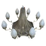 A LARGE CHANDELIER EIGHT ARM CHANDELIER WITH GLASS SHADES OF FLAME FORM 135cm x 100cm