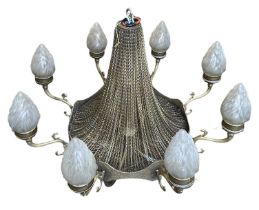 A LARGE CHANDELIER EIGHT ARM CHANDELIER WITH GLASS SHADES OF FLAME FORM 135cm x 100cm