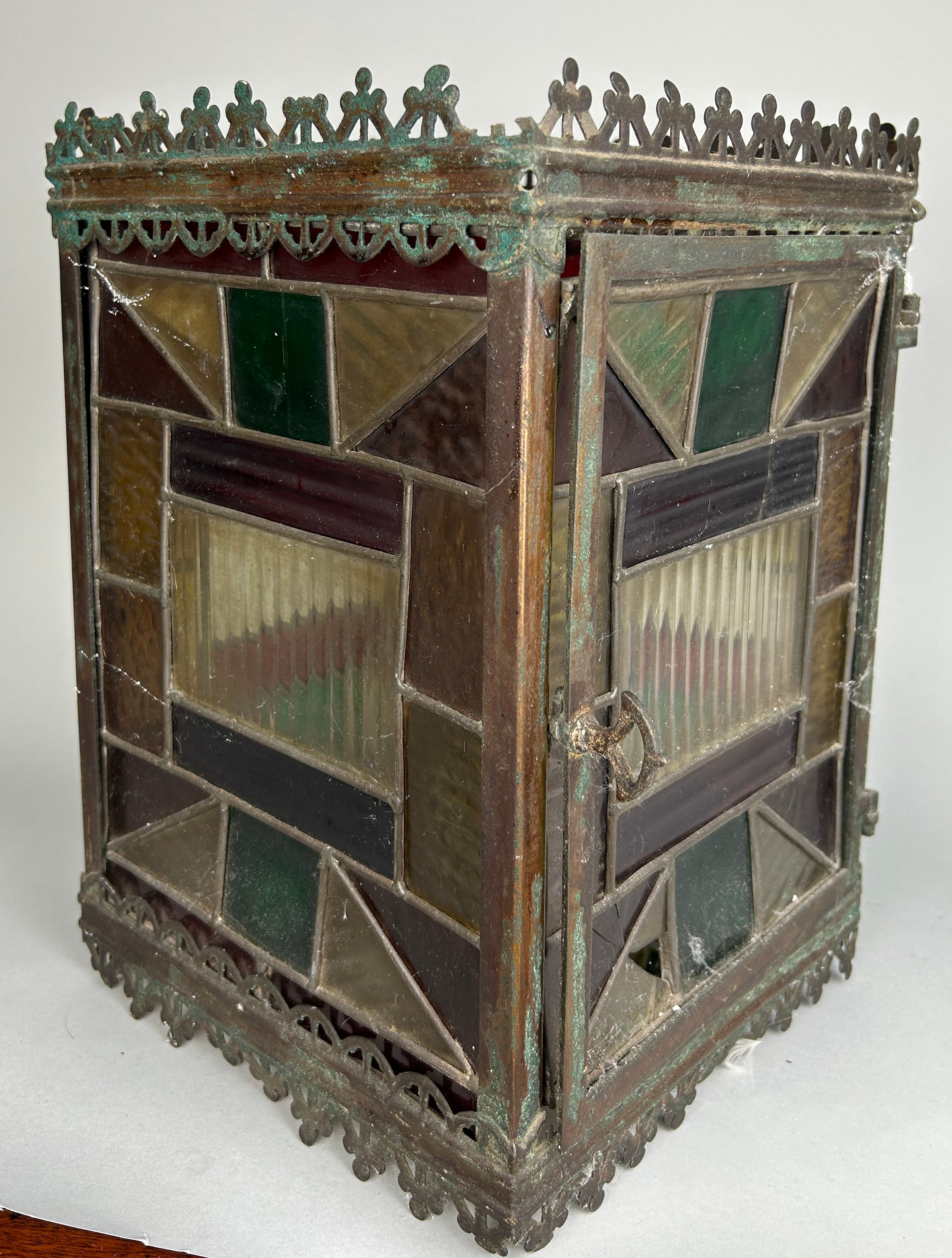 A VICTORIAN FOUR-SIDED STAINED GLASS HALL LANTERN 34cm x 23cm x 23cm, - Image 4 of 4