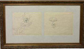 A TOM AND JERRY CARTOON PRINT FROM A FILM, Mounted in a frame and glazed. Each one 30cm x 25cm