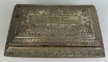 A LARGE INDIAN SILVER BOX PRESENTED BY THE STAFF OF THE IMPERIAL BANK OF INDIA, COLOMBO BRANCH DATED