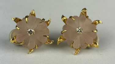 A PAIR OF PINK QUARTZ AND 18CT GOLD FLORAL EARRINGS EACH WITH CENTRAL CLAW SET DIAMOND, Total