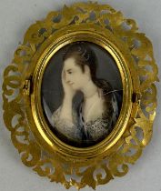 A 19TH CENTURY PORTRAIT MINIATURE ON IVORY OF A LADY WITH A PEARL NECKLACE AND HEAD WEAR, Signed