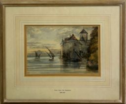 FRANZ XAVER VON RIEDMULLER (1829-1901) WATERCOLOUR ON PAPER OF BOATS BESIDE A CASTLE, 27cm x 17cm,