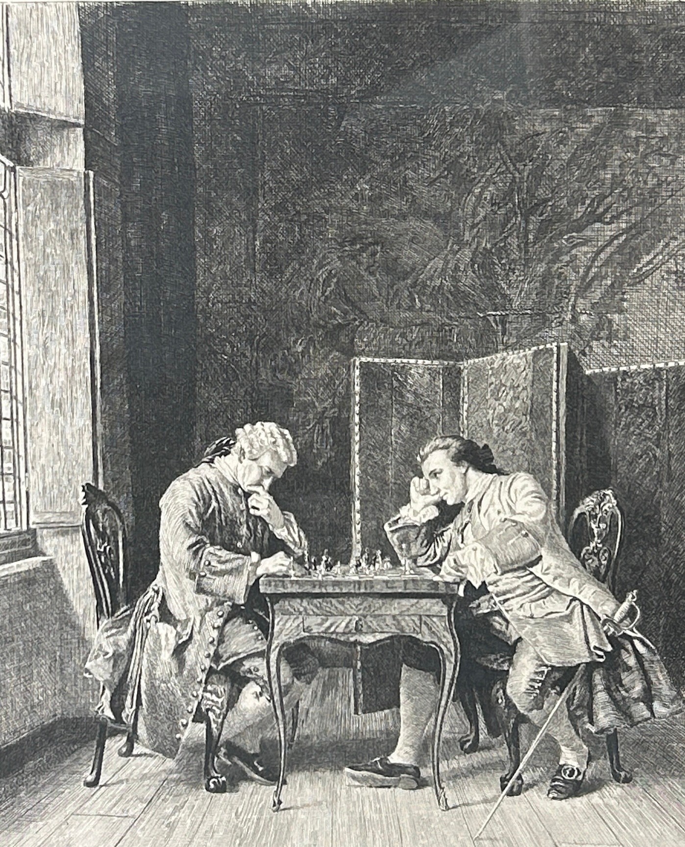 A PRINT OF TWO GENTLEMAN PLAYING CHESS, Signed in pencil bottom right, mounted in a frame and