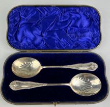 A PAIR OF BOXED SILVER PRESENTATION SPOONS WITH SCALLOP SHELL DETAIL, Total weight: 177gms