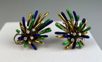 A PAIR OF 1970'S LEAF DESIGN 18CT GOLD AND ENAMEL EACH SET WITH SIX DIAMONDS, Total weight: 23.5gms